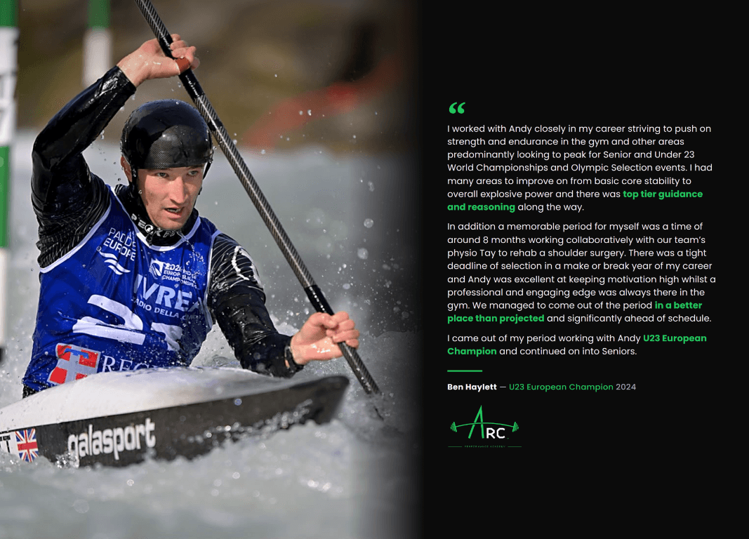 Ben Haylett competing in canoe slalom, with his testimonial about strength and endurance development and returning from shoulder surgery.