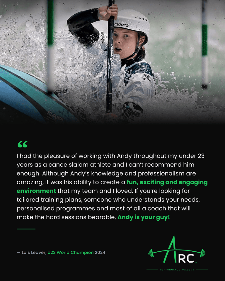 Lois Leaver canoeing, with her testimonial about personalised coaching and an enjoyable training environment.