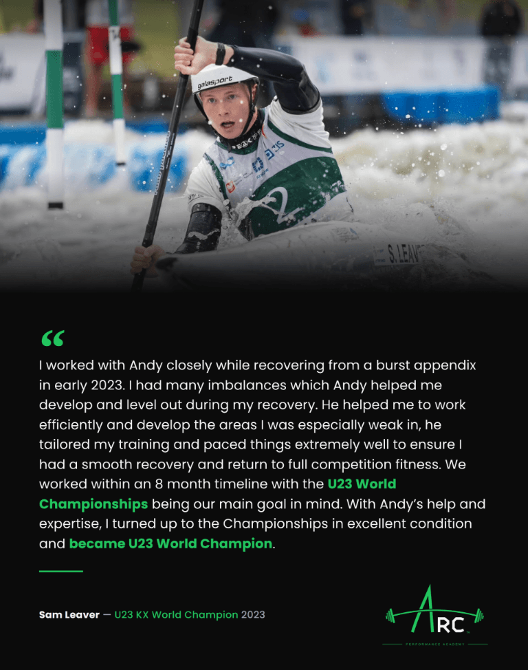 Sam Leaver canoeing, with his testimonial about recovering from a burst appendix and becoming U23 World Champion.